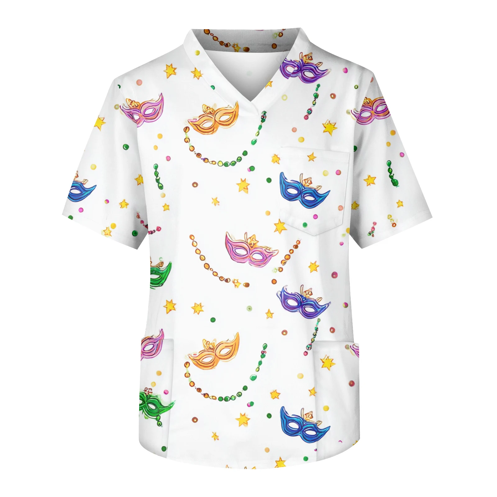 Uniforme d'infirmière à manches courtes et col en v, uniforme d'infirmière imprimé de carnaval, chemise à manches courtes pour hommes, veste de soignant de poche