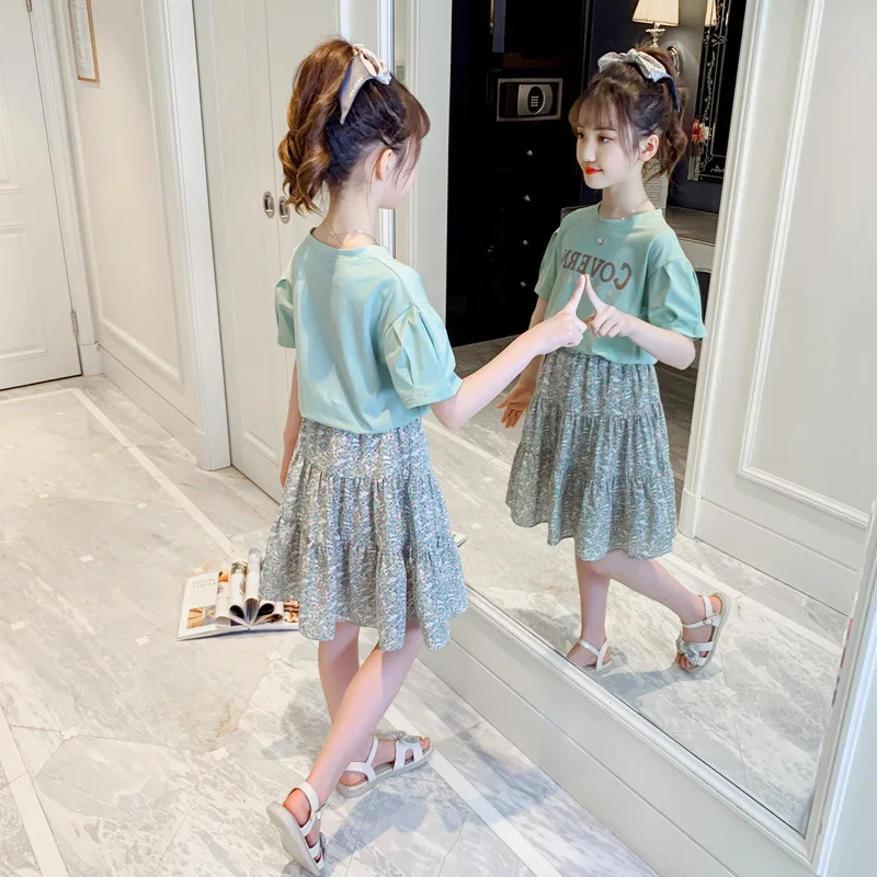 

2024 teenager Summer Kids Girls clothes puff Sleeve cotton letter t-Shirt + mesh short floral chiffon skirt 5 6 7 8 9 12 years