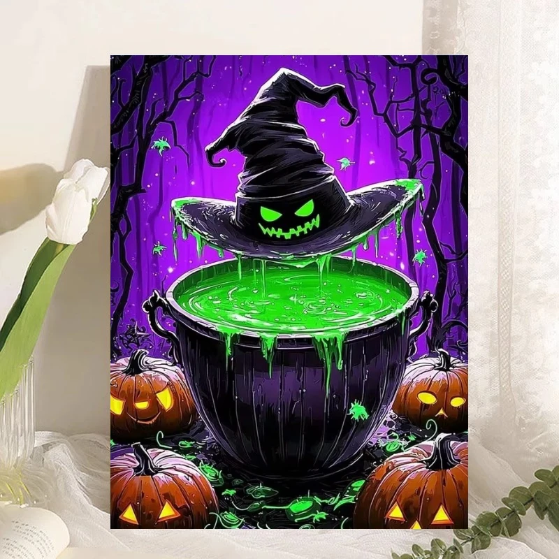 Oil Painting Halloween Witch Cauldron Pumpkin Potion Modern Wall Decor for Living Room Bedroom Perfect Gift No Frame