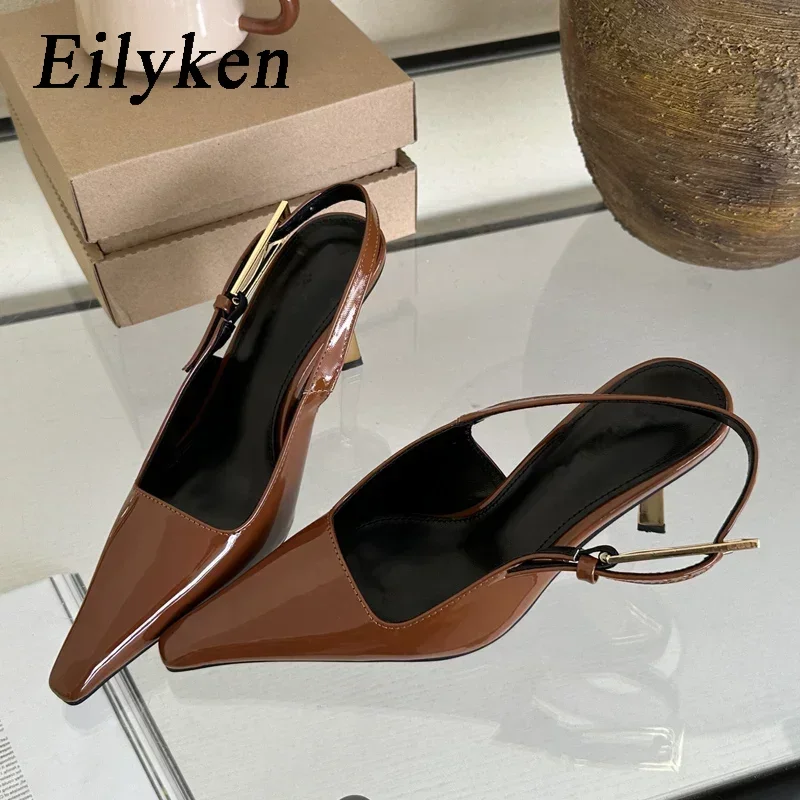 Eilyken Streetstyle Sexy Puntige Neus Metalen Gesp Band Vrouwen Pumps Stripper Sandalen Slingback Hoge Hakken Damesschoenen