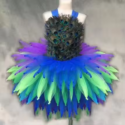 Girls Peacock Feather Flower Tutu Dress Kids Crochet Trailing Dress with Hairbow Children Evening Party Cosplay Costume Dresses