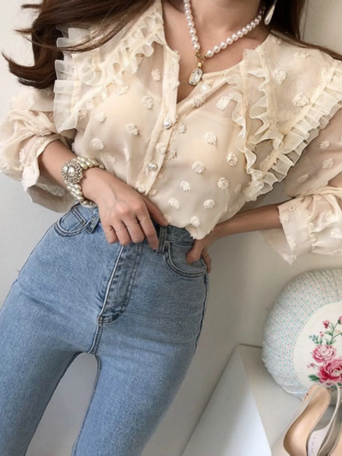 Solowen Pearl Button Long Sve irt Double Layered 3D Fluffy round Ne Design Commute Sle Pure Color Straight Cut