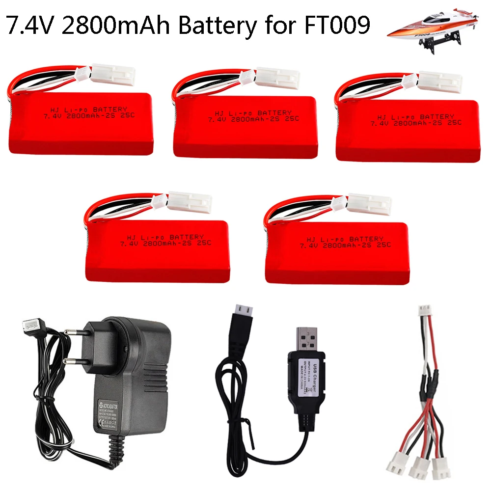 7.4V 2800mAh rechargeable Lipo Battery and charger set for Feilun FT009 RC toys Boats Spare parts 7.4V 2S 25C battery EL-2P Plug