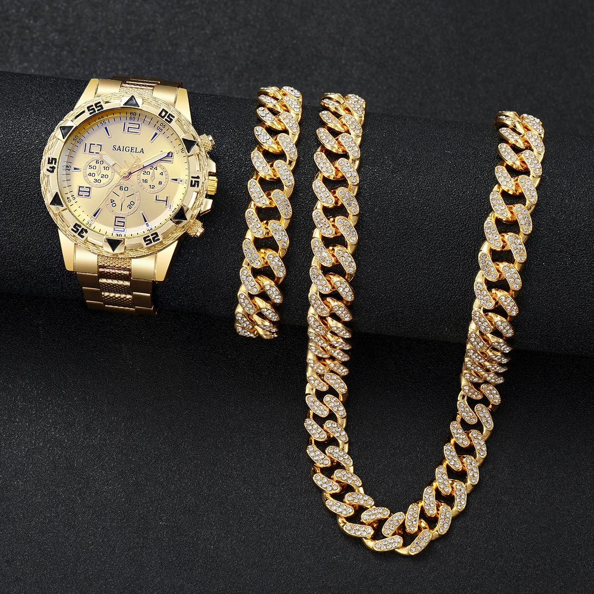 

3PCS/Set Luxury Big Dial Men Watches Hip Pop Rhinestone Bracelet Necklace Set Fashion Men Business Watches Relogio Masculino