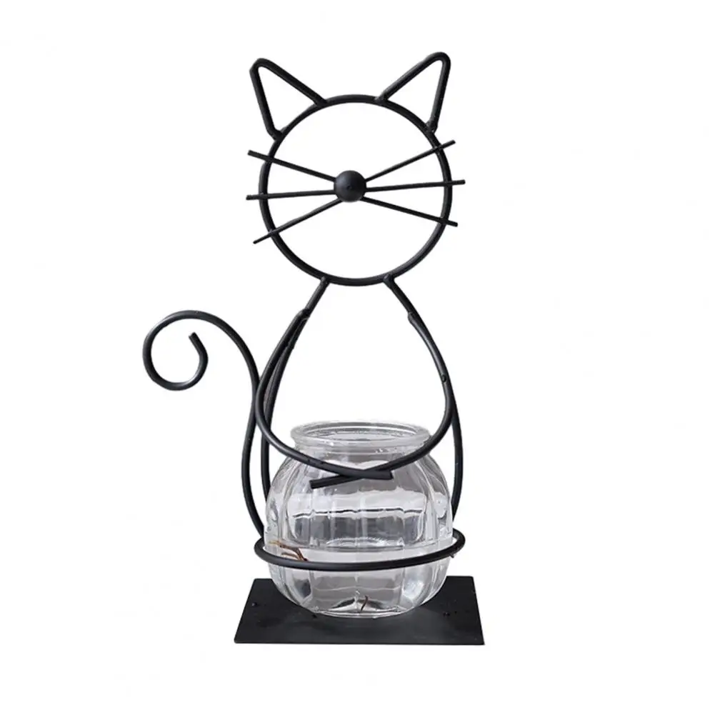 Hydroponic Glass Vase Cat Shaped Plant Holder Cat-shaped Iron Bracket with Transparent Glass Vase Rust-proof for Hydroponic