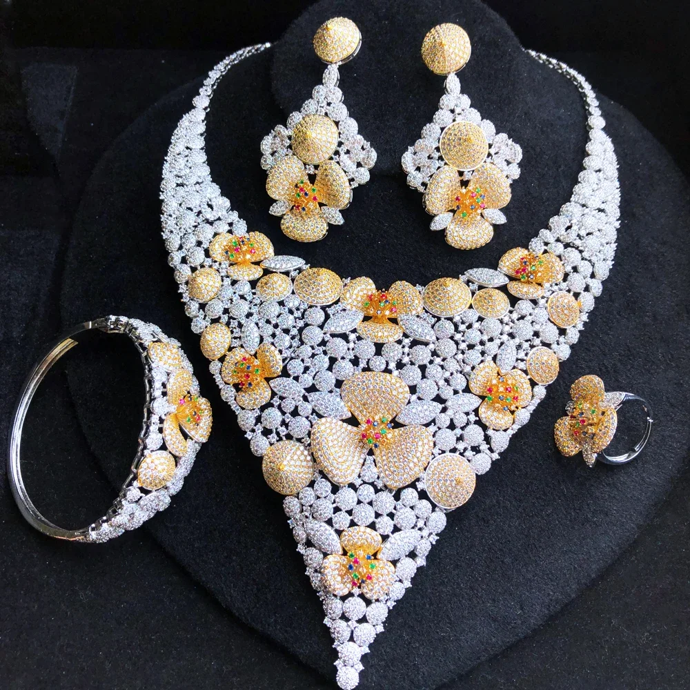 

Soramoore Dubai Luxury Flower Blossom Big Necklace Bangle Earrings Ring For Women Wedding Party African Bridal Jewelry Set