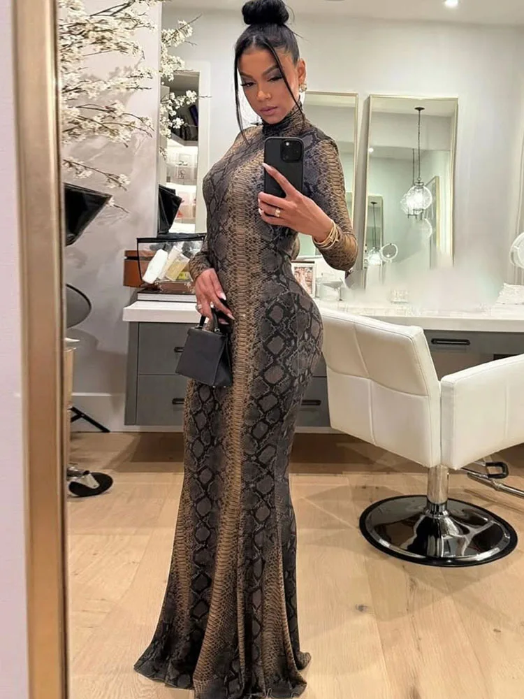 奇妙な猫セクシーな蛇紋様ドレス女性スキニー秋タートルネックフルスリーブミッドナイトパーティーヒップスターストレッチクラブウェア Vestidos
