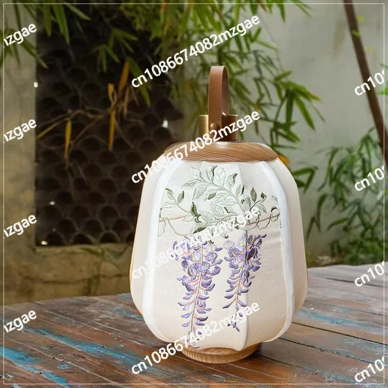 Wisteria Retro New Chinese Zen Solid Wood Portable Lamp Embroidery Atmosphere Table Lamp Wireless Charging Bedroom Bedside Lamp