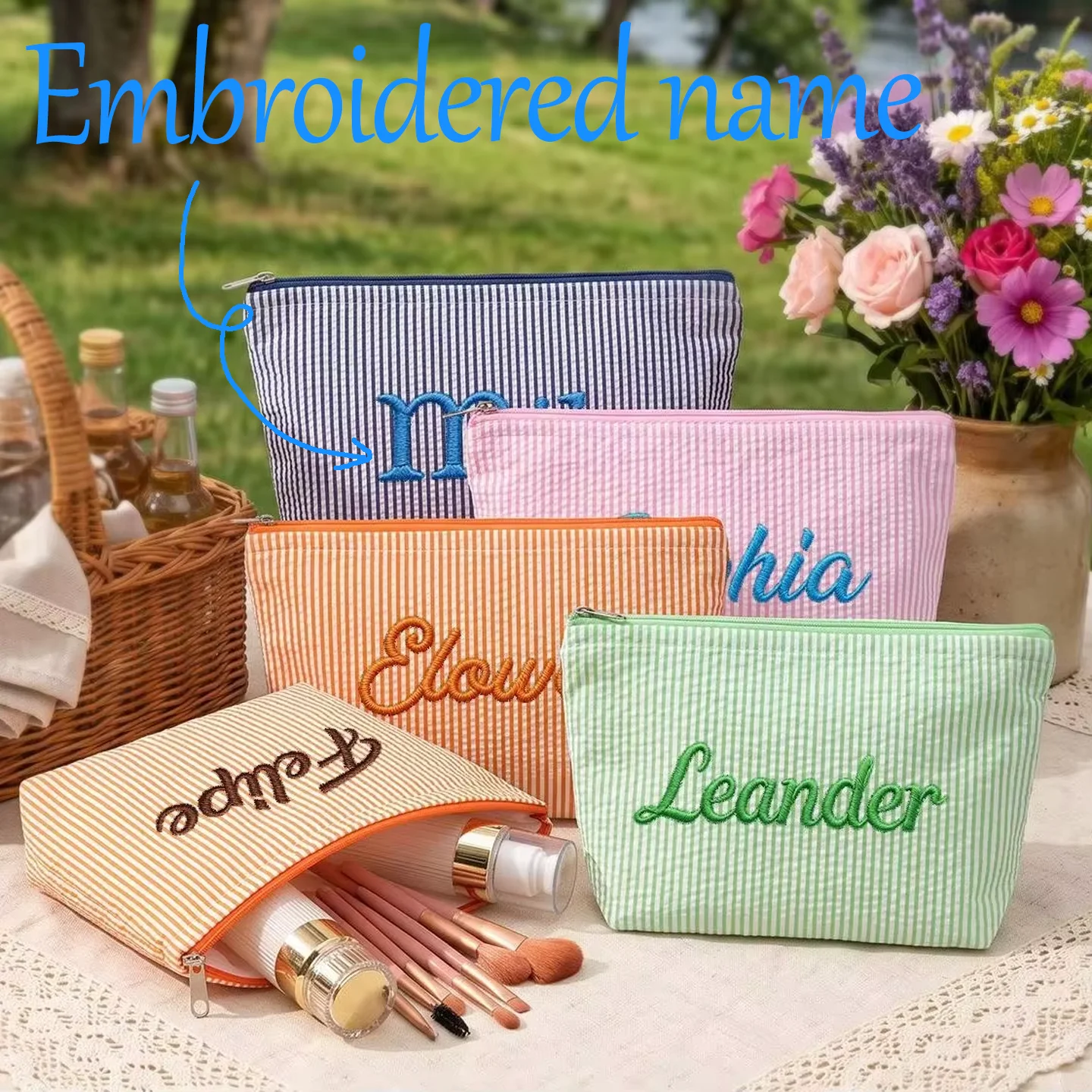 Embroidered Name Makeup Pouch Custom Seersucker Cosmetic Bag Picnic Travel Toiletry Bag,Cottagecore Gift for Her Bridesmaid Gift