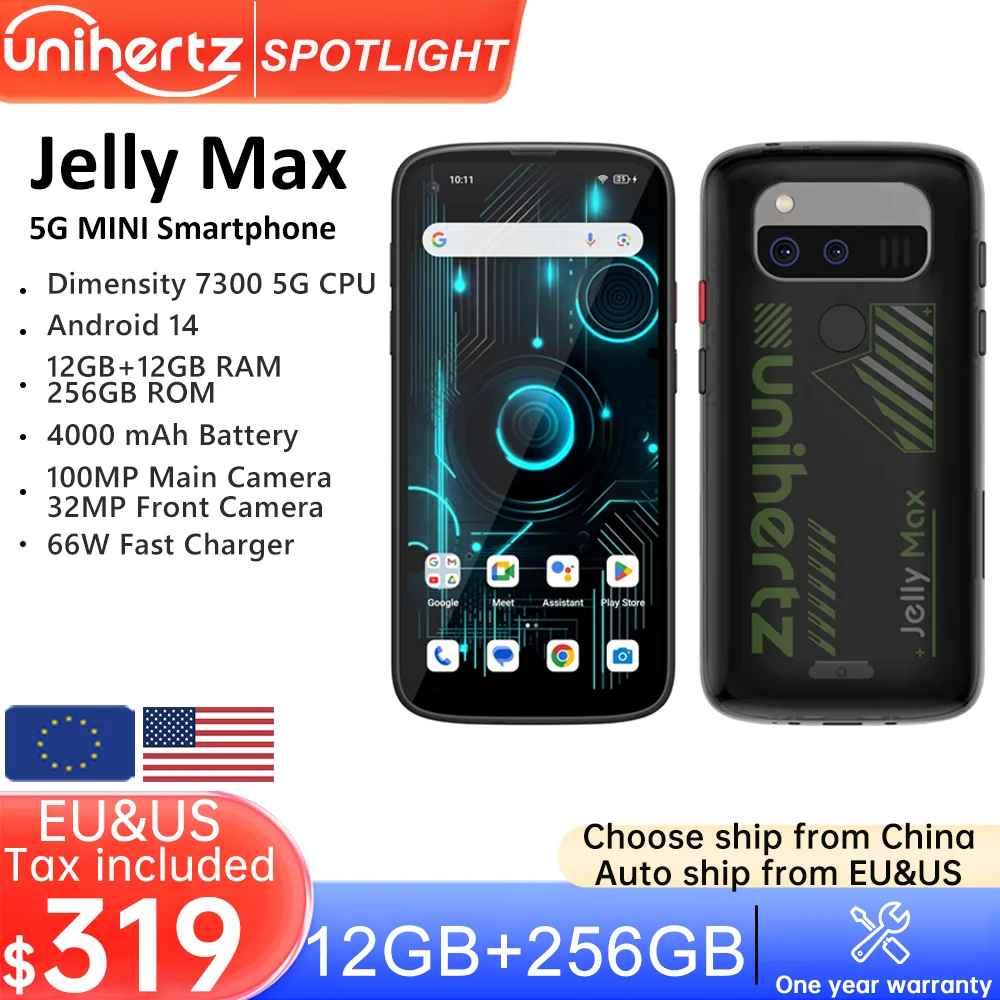 Unihertz Jelly Max 5G Mini Smartphone Android 14 Dimensity 7300 CPU 12GB 256GB 100MP Camera 4000 mAh Battery 5.05'' inch Screen
