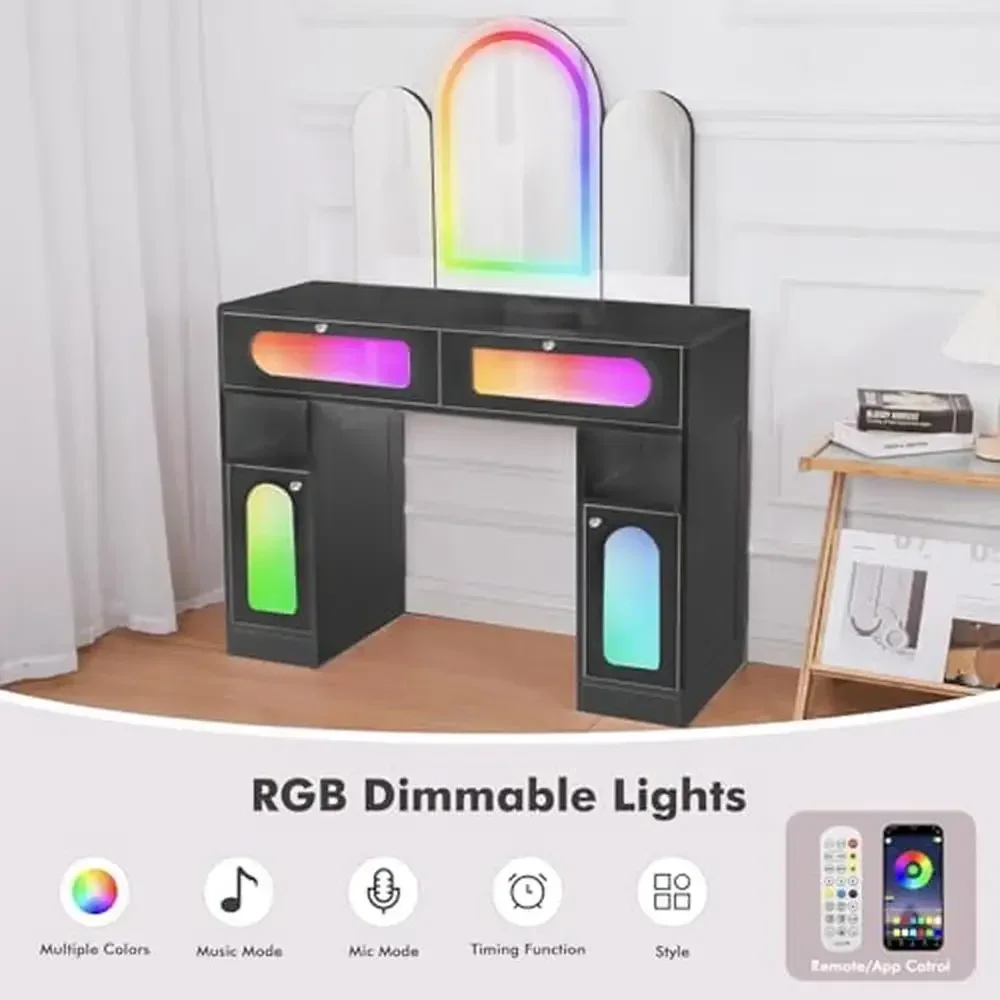 RGB Tri-Fold Mirror Makeup Vanity Table Smart LED Lights Organizer Storage Solution Glamorous Gift Option