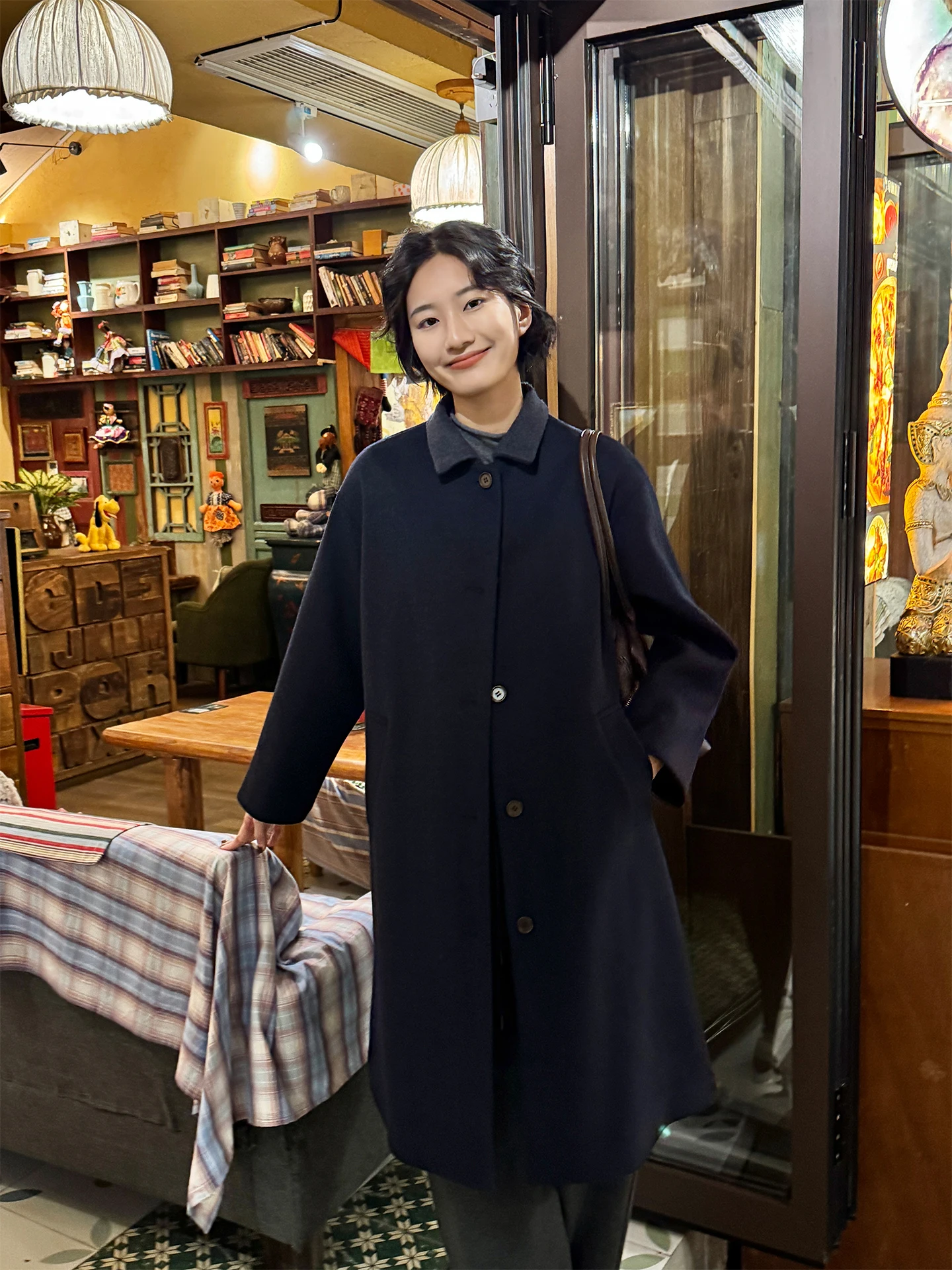 

Simple Ele Women's Woolen Coat Spring 2026 New Sle High ade Color Blo Lapel Buttoned Outerwear Long Sve Midi Length