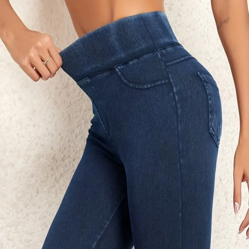 Women\'s Faux Denim Yoga Leggings Fitness Stretch Leggings High Waisted Fashionable Skinny Tights Gym Workout Running Pants