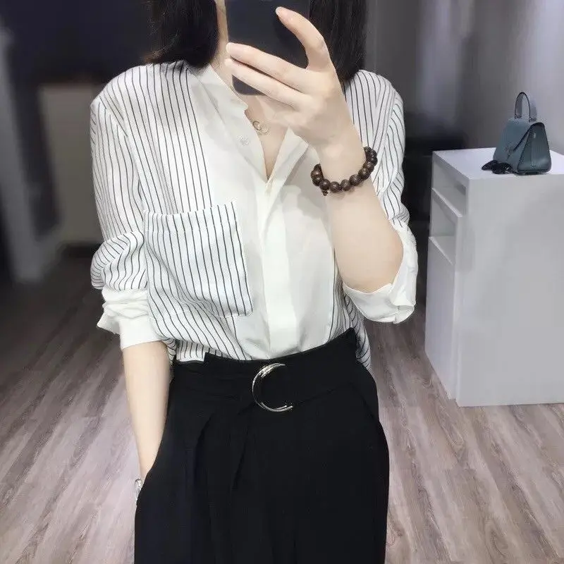 Spring Summer Loose Chiffon Shirt Tops Women\'s Fashion Striped Patchwork V Neck Long Sleeve Office Blouse Temperament Clothing