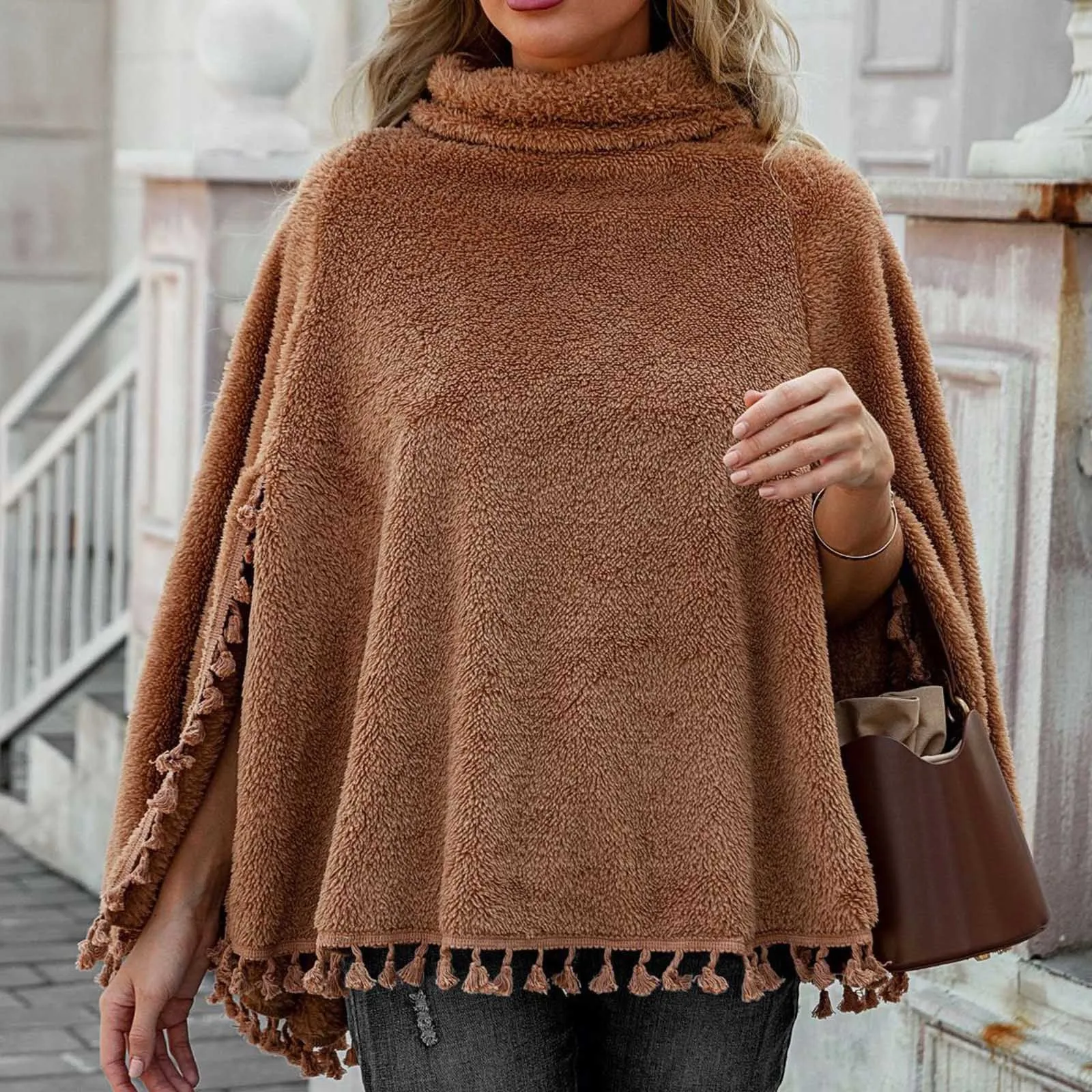 Khaki Fashion Plush Cloak Women Autumn Winter Warm Cape Ponchos Chic Outwear Batwing Turtleneck Bottom Tassel New Casual Stylish