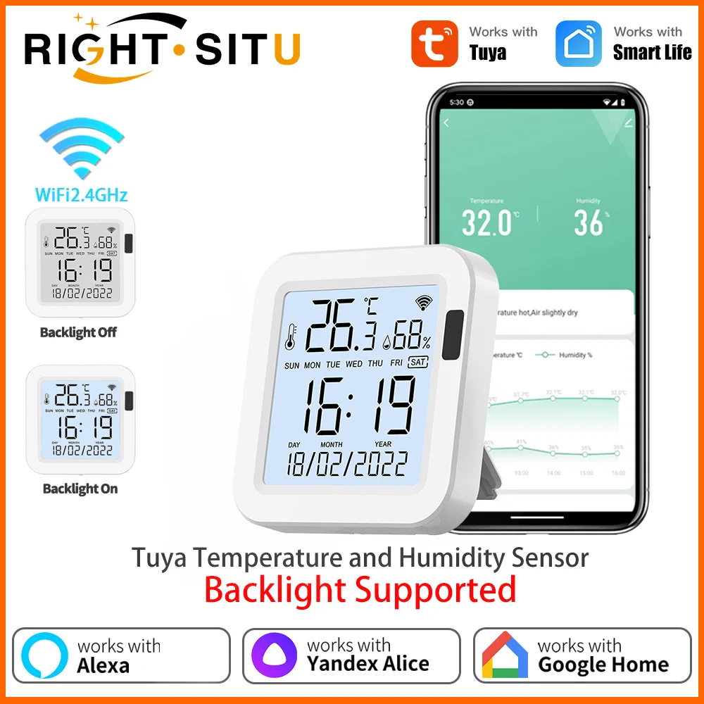 Tuya WiFi Thermometer hygrometer With Backlight Temperature Humidity Sensor APP Remote Control Workwith SmartLife Yandex Alexa