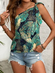 European and American women's fashionable, elegant, sexy off the shoulder lace up leaf print shirt