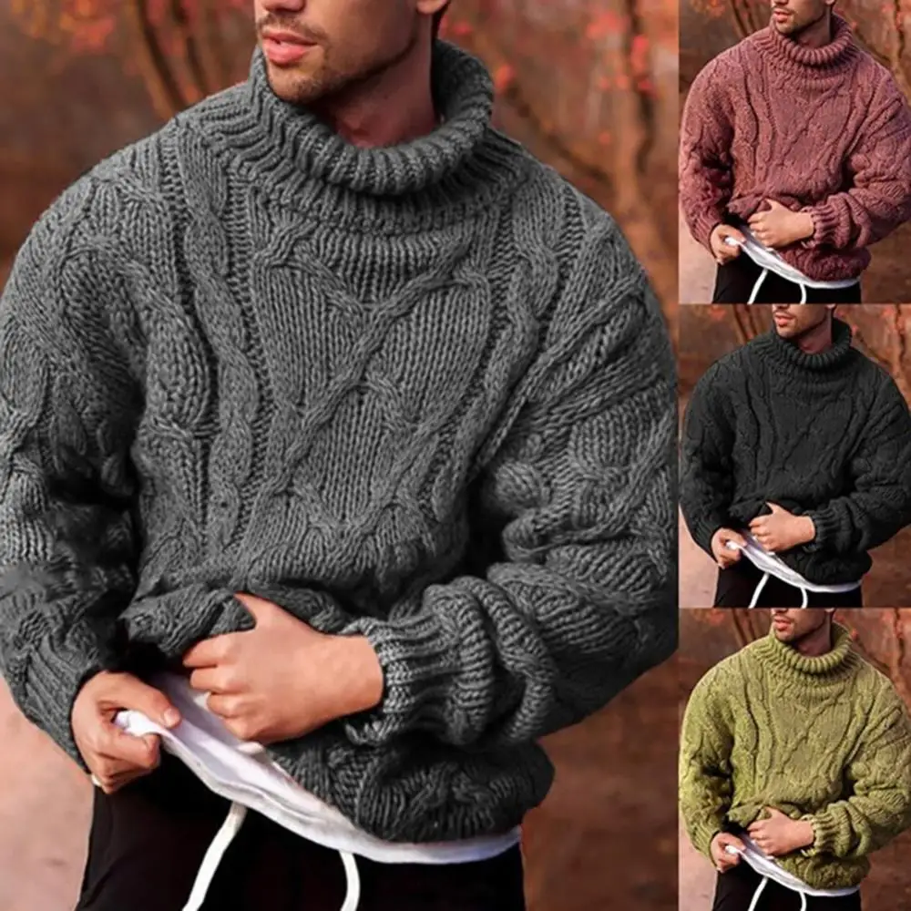 Jersey de algodón cálido para hombre, Jersey ajustado de punto trenzado con cuello de tortuga, Color sólido, moda de otoño e invierno