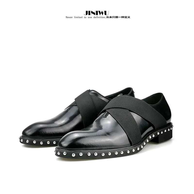 JINIWU 2026 Autumn Winter Men's Studded Leather Shoes, Gentle Formal Patent Leather Suit Shoes, Handmade Cowhide Dress Shoes