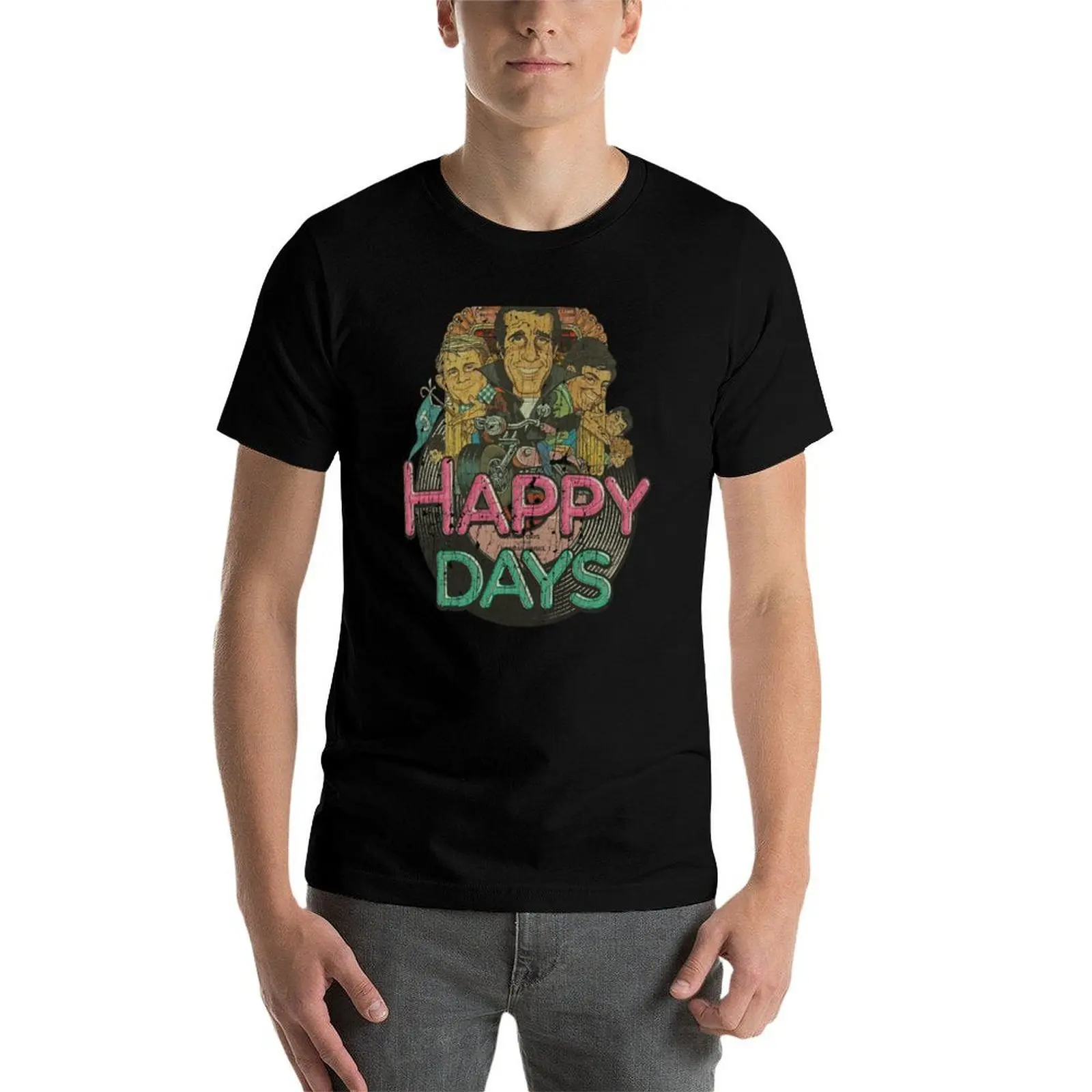 تي شيرت Happy Days للرجال، تي شيرت قطني للرجال برسوم جرافيك