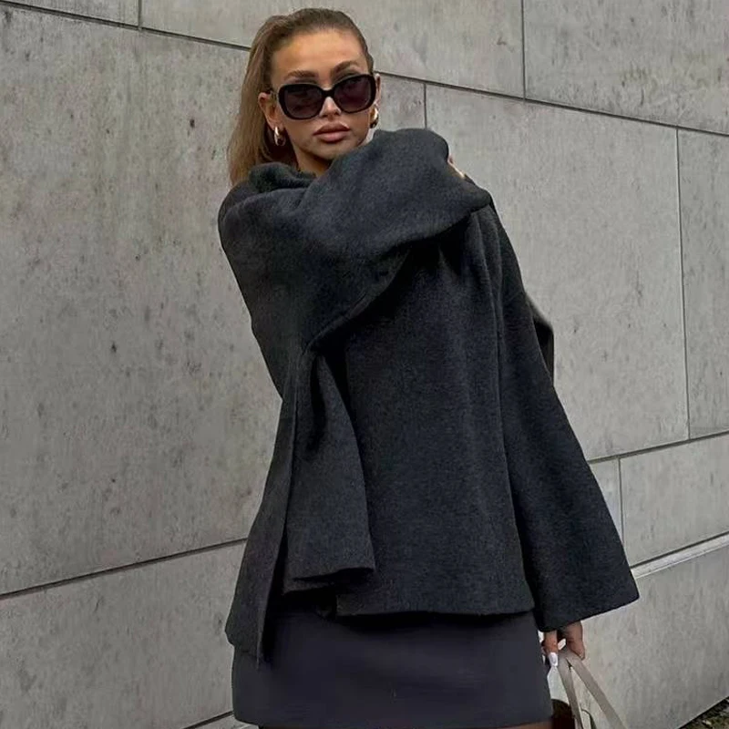 HXAO Knit Cape Coat Women's Jacket New In Coats & Jackets Cloak Cut Out Long Sleeve Cardigan Asymmetric Scarf Cropped Outerwears