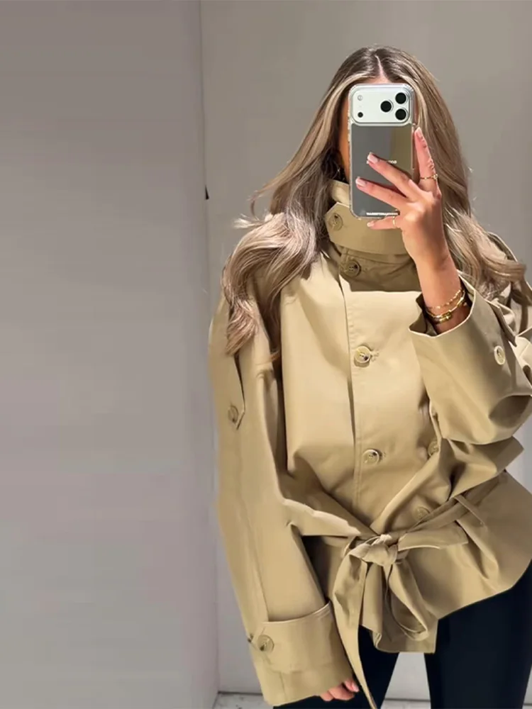 Modischer Stehkragen-Damen-Windbreaker Einfarbiger Doppelreihiger Schnür-Mantel mit Langen Ärmeln Damen-Oberbekleidung 2026 Herbst Neue Kollektion