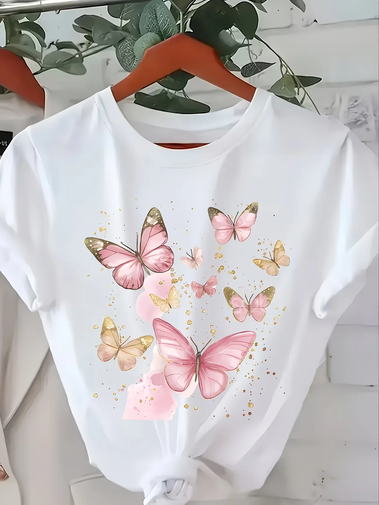 Butterfly Print  Short Sleeve T-Shirt - Round Neck Casual Summer Blouse -ic Top Suitable for Spring/Summer Wear