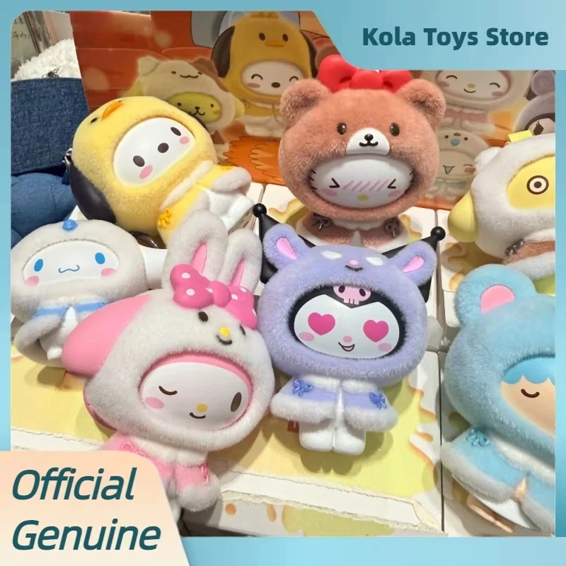 

Genuine Sanrio Small Cloak Series Blind Box Cute Face Swap Flocked Figurine Doll Desktop Ornament Model Toys Mystery Box Gift