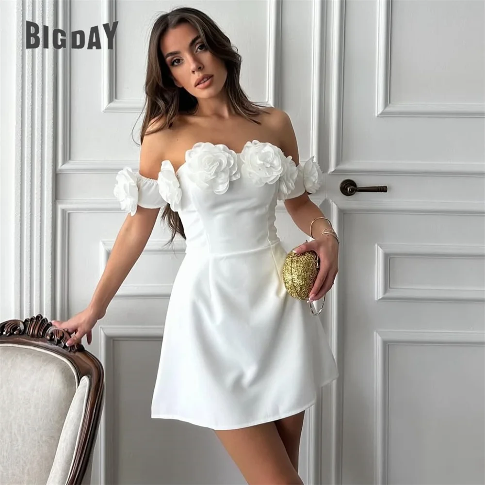 

Bigday Flowers Mini Wedding Dress 2025 Off The Shoulder Open Back Strapless Above-Knee Bridal Gown Vestidos De Noiva Customized