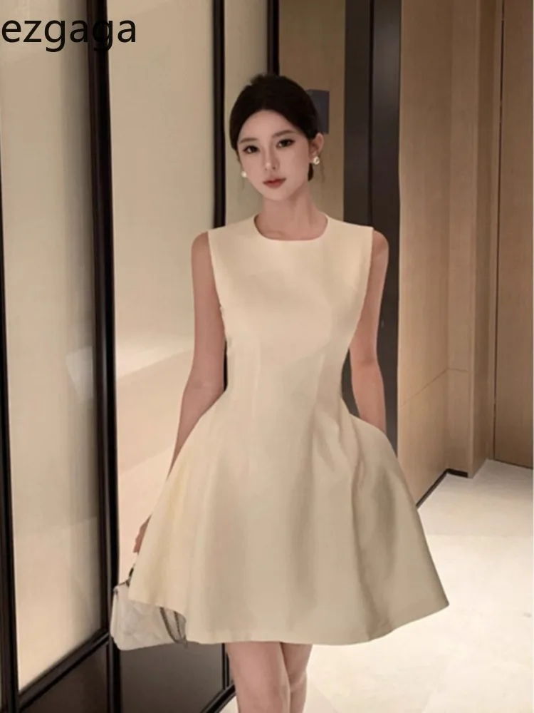 Ezgaga Woman Dress Elegant Sleeveless Summer Fashion Slim Ball Gown French Style Mini Dresses Sexy Party Ladies Temperament