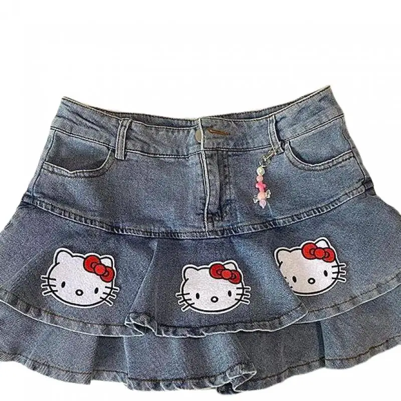 Sanrios Hello Kitty Kawaii Anime Schattig Meisje Y2K Millennium Hot Girl Denim Korte Rok Mode A-lijn Mode Taart Halve Rok