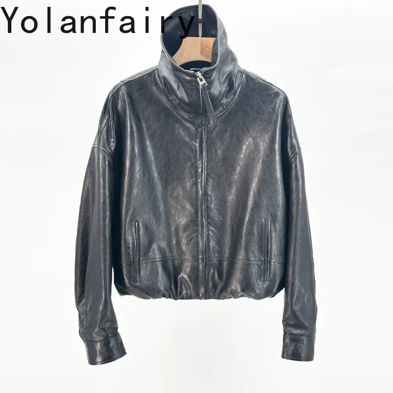 YOLANFAIRY Oil-waxed Sheepskin 100% Genuine Leather Jacket Women Clothing Short Elegant Real Leather Coat Spring Fall Casual