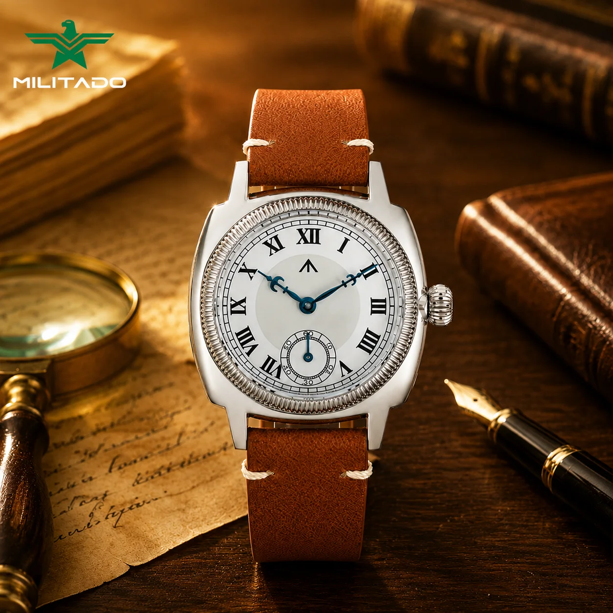 Militado ML03 Vintage-Uhr VD78, Quarzwerk, quadratisches Gehäuse, Retro-Armbanduhr, 100 m wasserdichtes Lederarmband, Saphiruhr