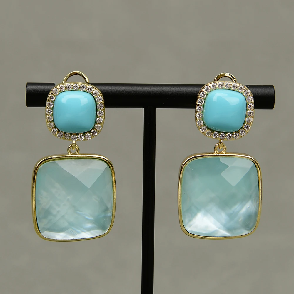 APDGG Natural Blue Glass Shell Back Turquoise Stud Earrings
