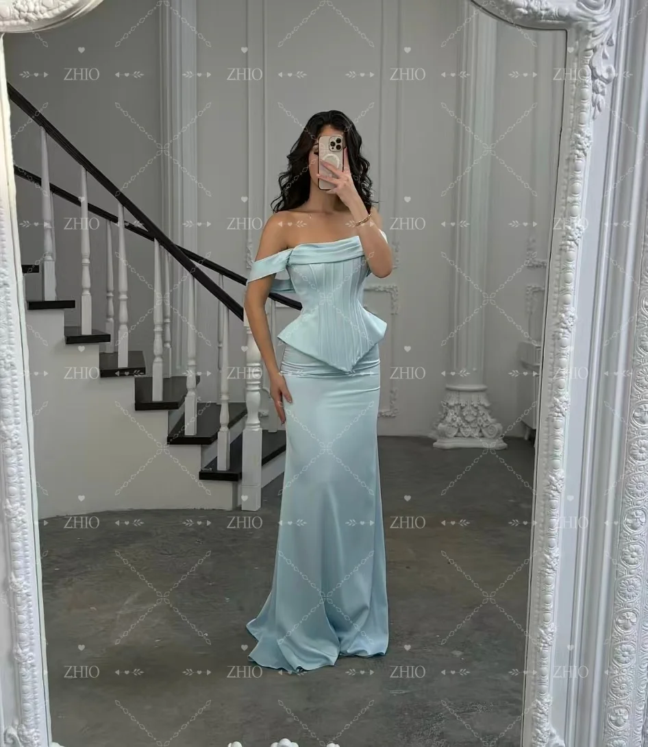 ZHIO Clssic Abito da sera a sirena blu con spalle scoperte a strati lunghezza pavimento in raso occasione speciale abito da ballo formale per feste personalizzato