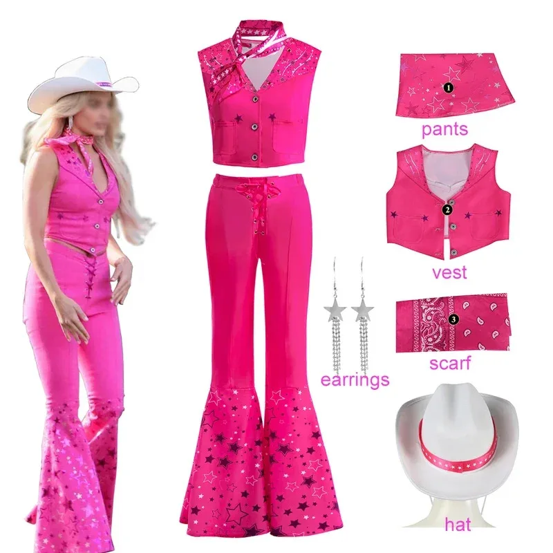 

2023 Movie Barbi Cosplay Clothes Cowboy Hat Vintage Flared Pants Girls Kids Halloween Costume Carnival Party Barbi Pink Outfits