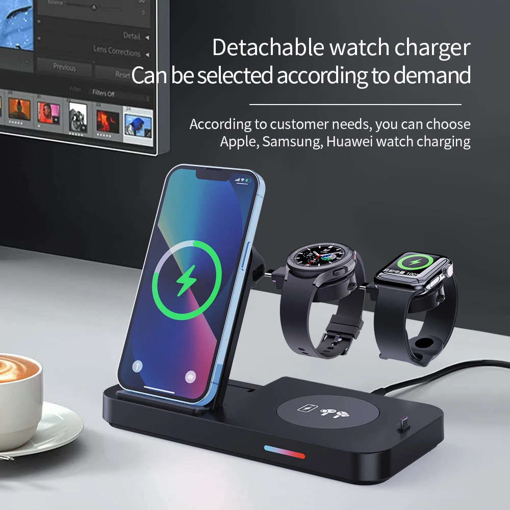 Qi Fast Wireless Charger Stand, Foldable Charging Station for Apple Watch, Samsung Watch, iPhone 14, 13, 12 Pro Max, AirPods, 3i