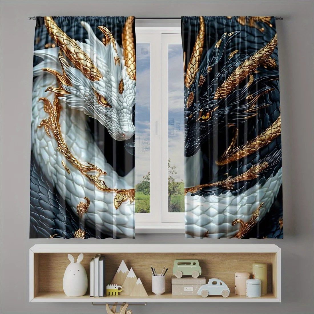 Dragon Thermal Blackout Curtains 2pcs, Light Blocking Washable Polyester Rod Pocket for Bedroom Living Room Kitchen Decor