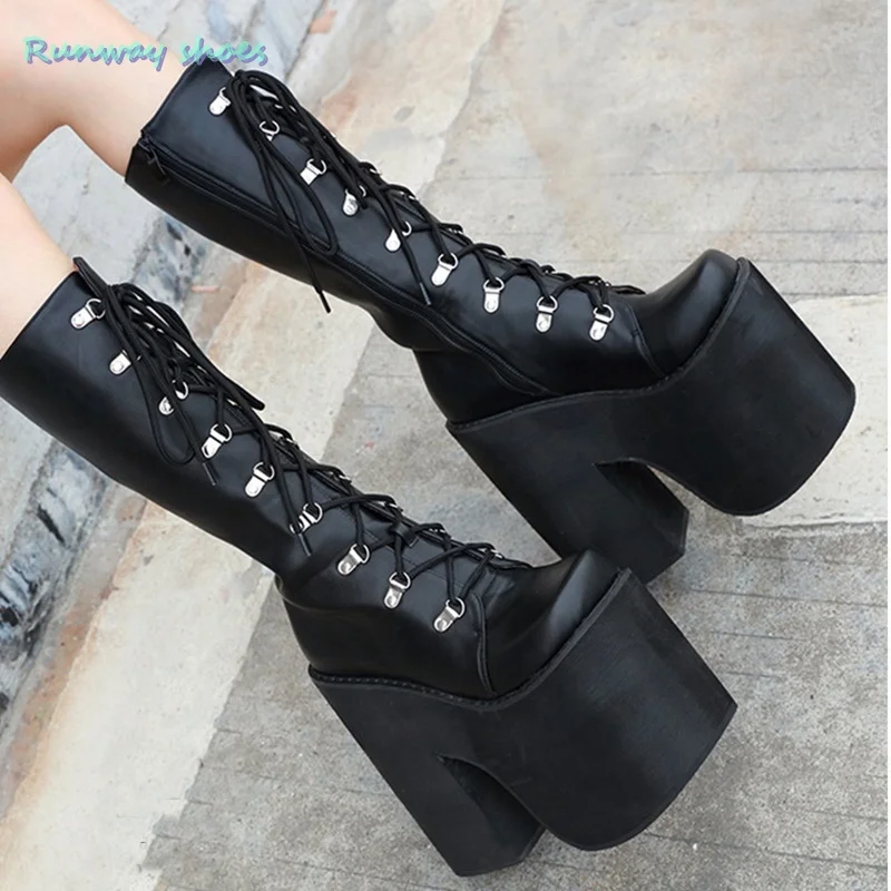 

17Cm Runway Shoes Extra High Waterproof Platform Nightclub Knee-High Boots Cross Straps Women's Luxury High-Heeled Boots
