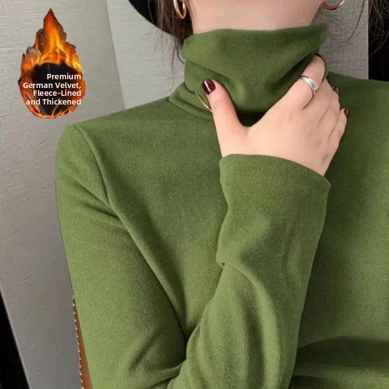 

High Neck Thickened Fleece Long Sleeve Base Shirt Women's Spring Autumn Winter Heated Top Pure Color T-Shirt Inner Wear