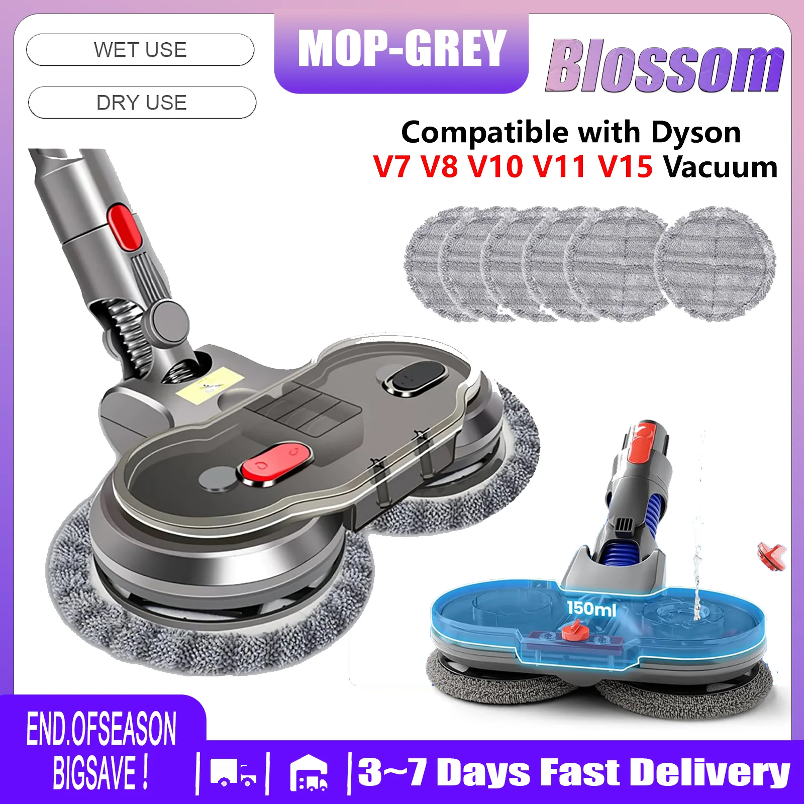 Image of Blossom grauer Elektro-Mop-Aufsatz passend für Dyson V7 V8 V10 V11 V15 Akku-Staubsauger, 2-in-1 Saug- und Wischaufsatz mit abnehmbarem Wassertank, Doppelrotationspads, 6 Wischtücher,
