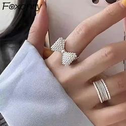 Foxanry Silver Color Bowknot Geometric Ring For Women Girls Creative Design Sweet Elegant Gentle Trendy Anniversary Jewelry Gift