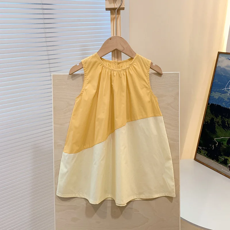 Vestido Estilo Coreano para Meninas 2024, Novo, Sem Mangas, em Cores Contrastantes, Roupas de Verão Fashion para Crianças Menores