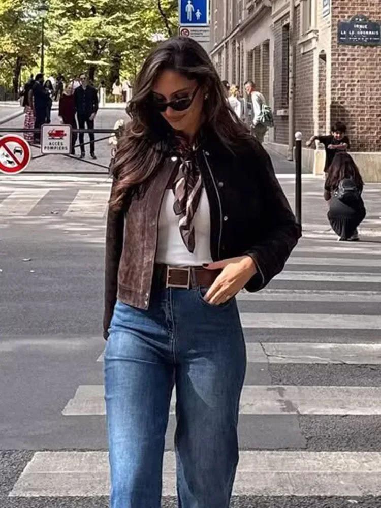 

HH Women Autumn Fashion Vintage Suede Blend Textured Lapel Long Sleeves Pockets Jacket Female High Street Zipper Slim Coats