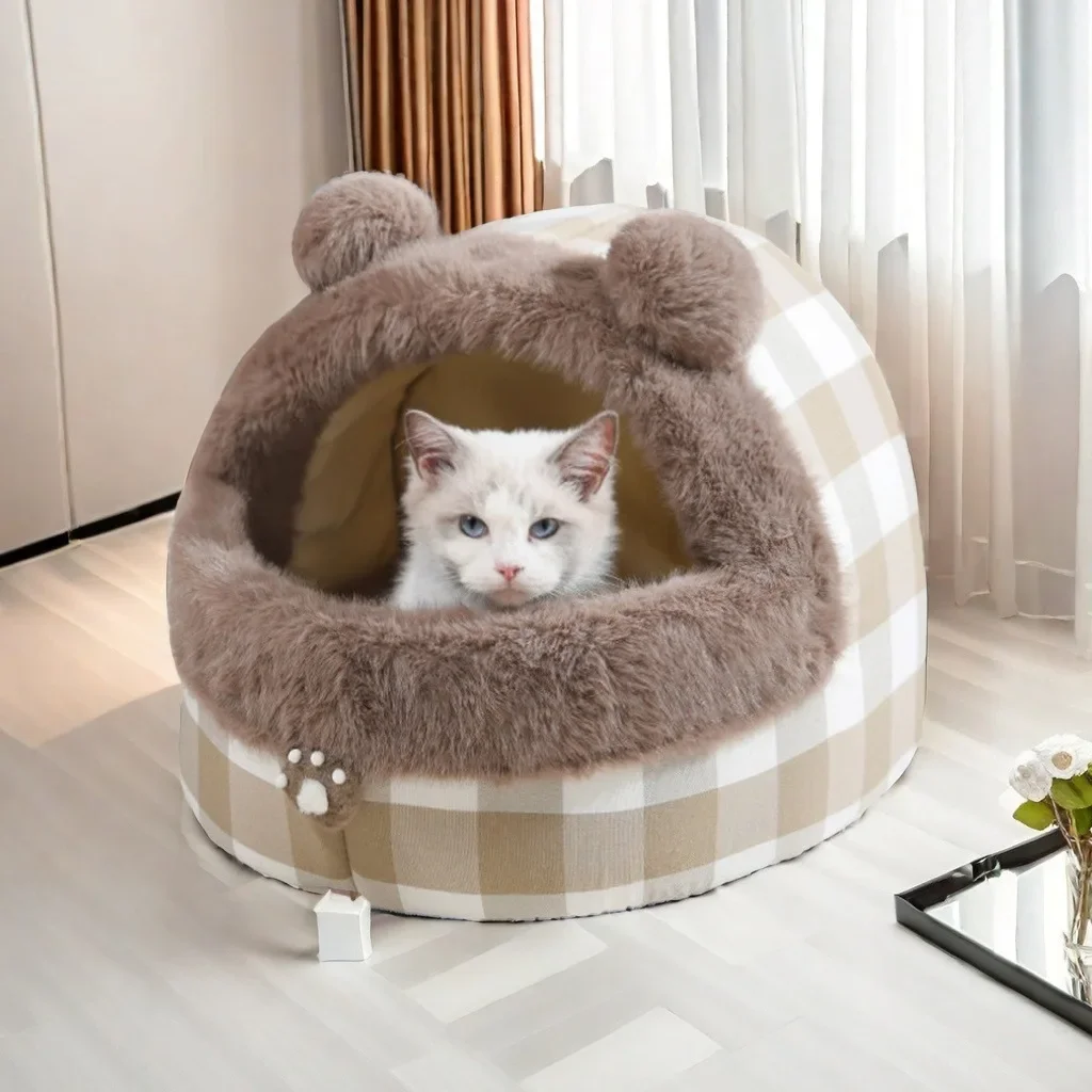 Winter Cat Bed, Thickened and Plush with Semi-Enclosed Design for Maximum Comfort and Security