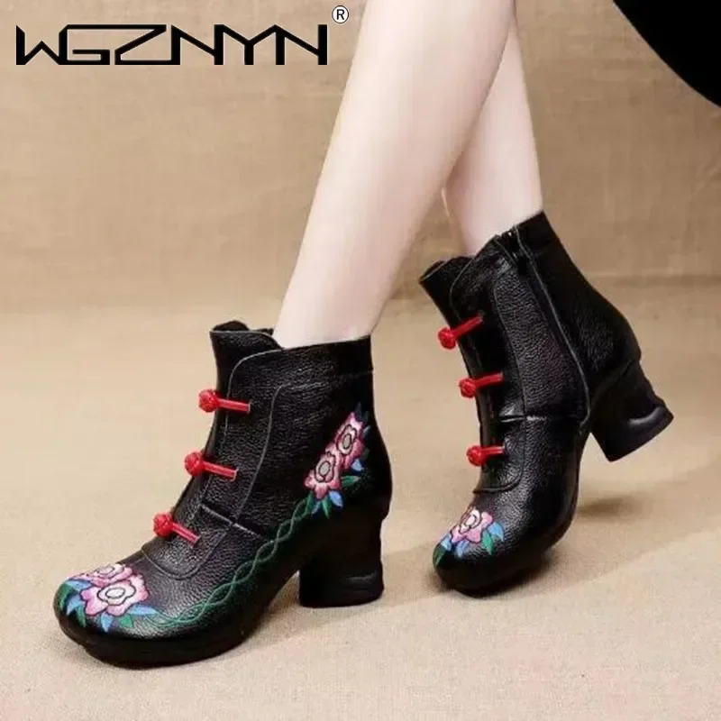 Autumn Floral Ankle Boots For Women Genuine Leather Womens Boots Retro Handmade Comforable Shoes Designer High Heels Botas Mujer