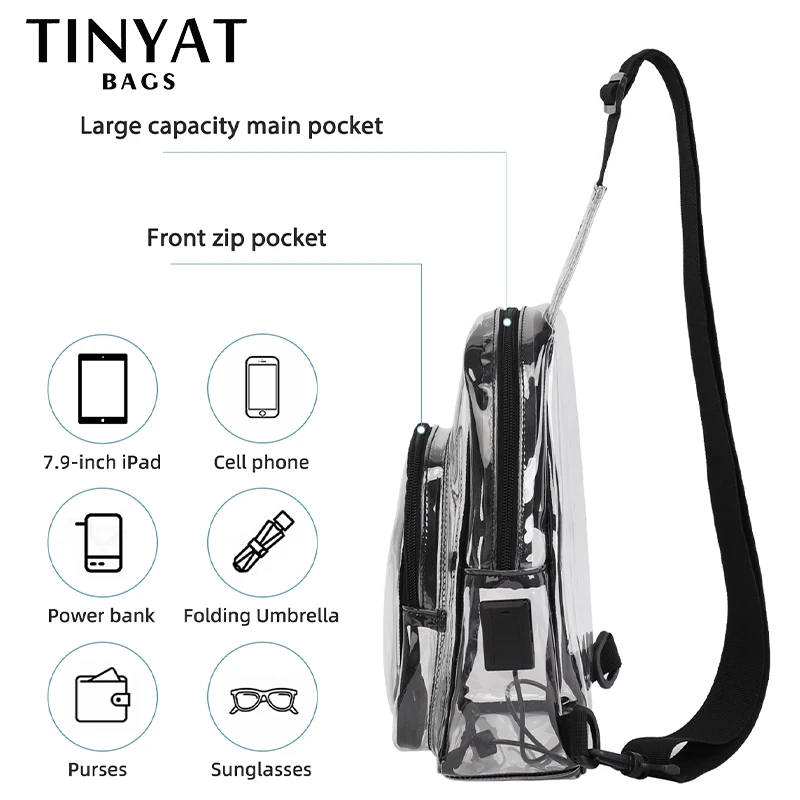 TINYAT 2024 Trendy Clear PVC Crossbody Sling Bag for Women with USB and Type-C Transparent Chest Bag for Summer Races Concert