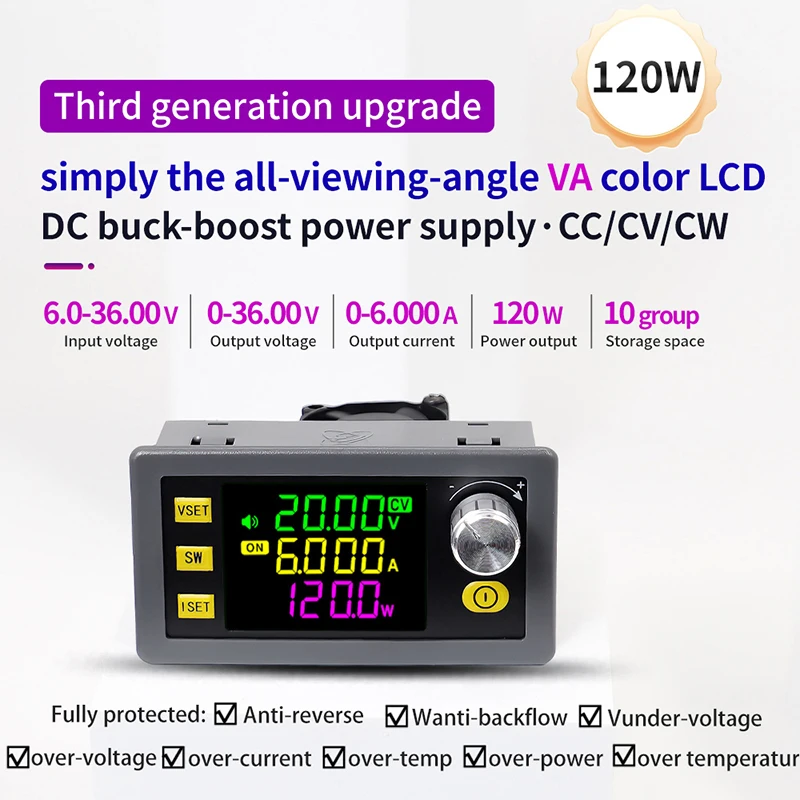

SK120 DC DC Buck Boost Converter CNC Adjustable DC Voltage Regulator Solar Charging Power Supply Module DC6-36V to 0-36V 120W