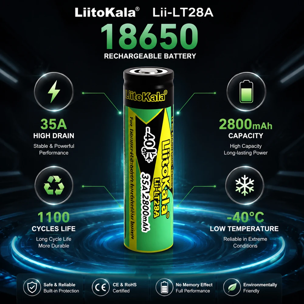 LiitoKala Lii-LT28A18650Rechargeable Battery2800mAh3.7V35A High Drain Lithium Ion Battery-40℃ Cold Resistant Long Life Cell for