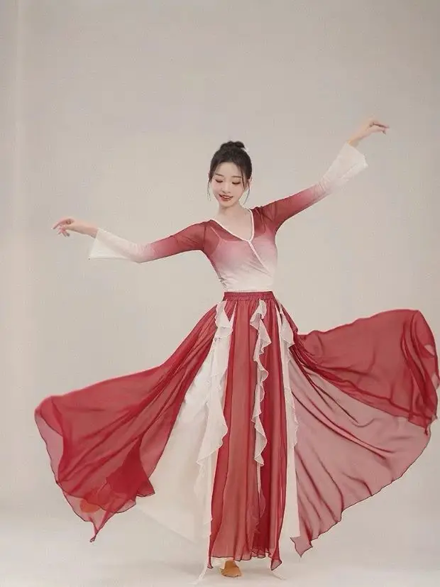 

[4429 People Have Collected]Classical Dance Costumes, Women's Flowing Tops, Practice Clothes, Qipao Collars, Gradient Gauze